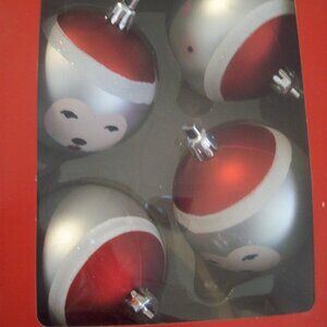 Snowman Face Christmas Ornament Lot of 4- Silver and Red Ball Ornaments